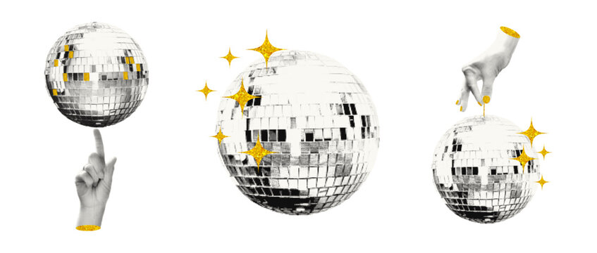 Shiny disco balls and cut out hands halftone collage vector illustration. Set of trendy modern retro elements with gold glitter star decoration isolated on transparent background
