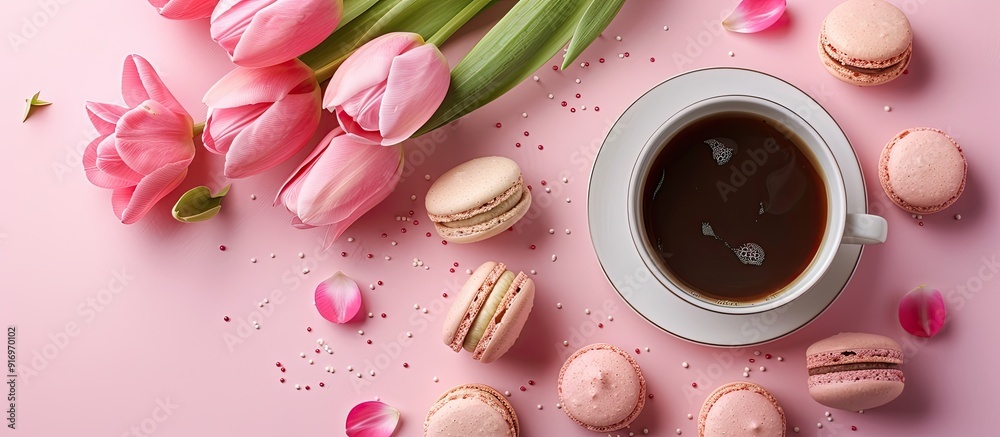Poster pink tulip bouquet coffee and macaroons on pink backdrop create an anniversary celebration theme wit