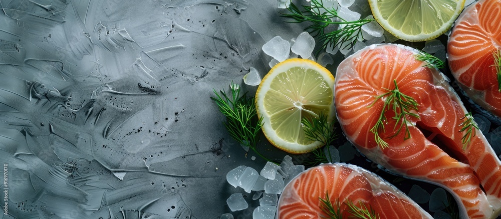 Poster top view of fresh raw salmon steaks with lemon and dill on a gray background perfect for cooking wit
