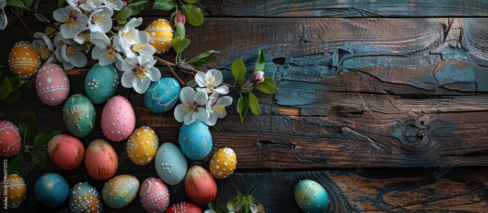 Poster Above view of a rustic wooden table adorned with blooming apple tree branches handmade colorful Easter eggs Wishing you a Happy Easter with a copy space image