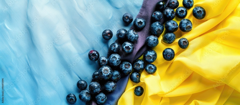 Poster top view macro image of bilberries on yellow and light blue kitchen textiles with copy space image