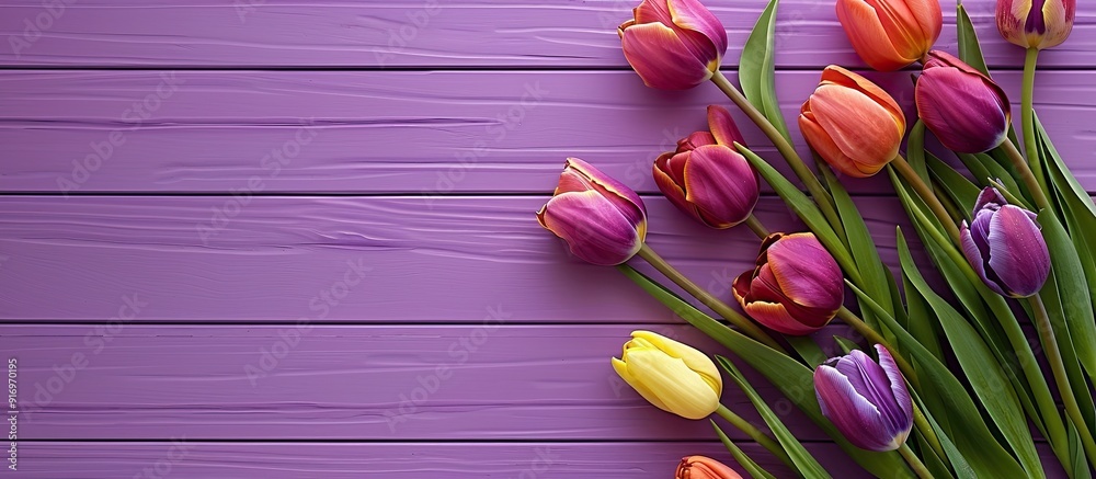 Poster woman s day text with tulips overhead on a purple wooden background creating a cheerful copy space i
