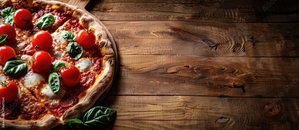 Poster a tempting pizza displayed on a wooden board with copy space image