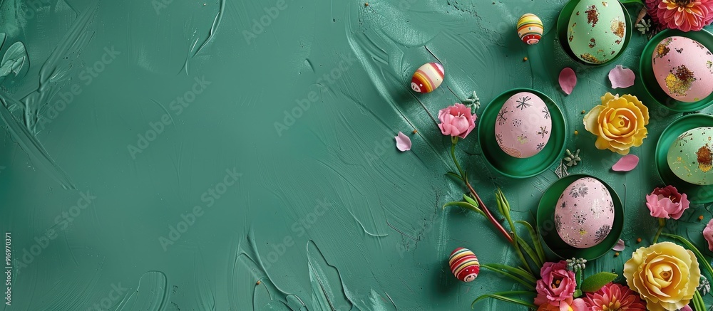 Aufkleber A festive Easter table arrangement with eggs and flowers displayed on a green surface in a top down view allowing for text in the empty area of the image. Creative banner. Copyspace image