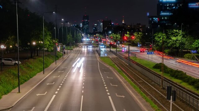 Mokotow, Warsaw Skyline and Traffic at Night: Spring Timelapse