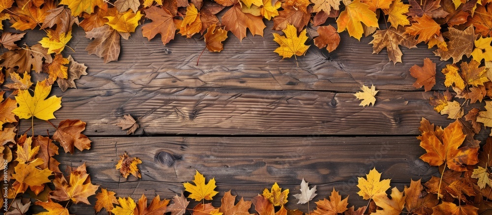 Leinwandbilder top down view of a vintage wooden table with a border of autumn leaves in yellow and orange hues cre