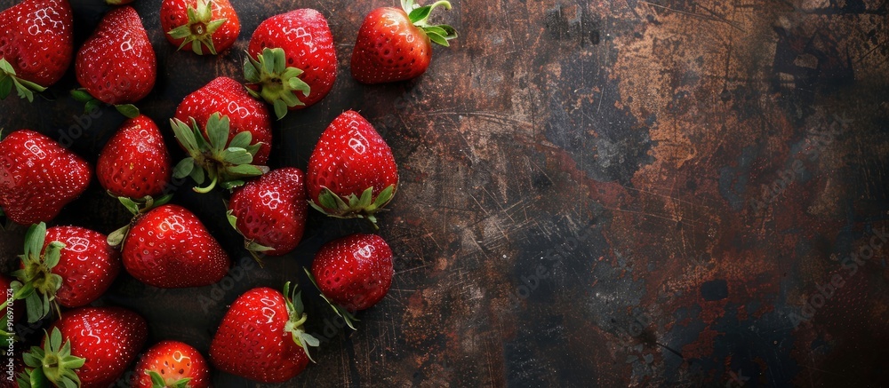 Poster organic ripe strawberries make a sweet dessert the top view of the fruit against a rustic background