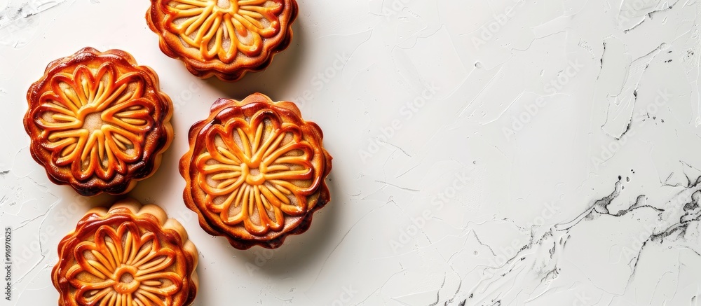 Poster Top view of a traditional moon cake on a white background a round pastry common in Vietnamese and Chinese mid autumn festivals with a clipping path for copy space image