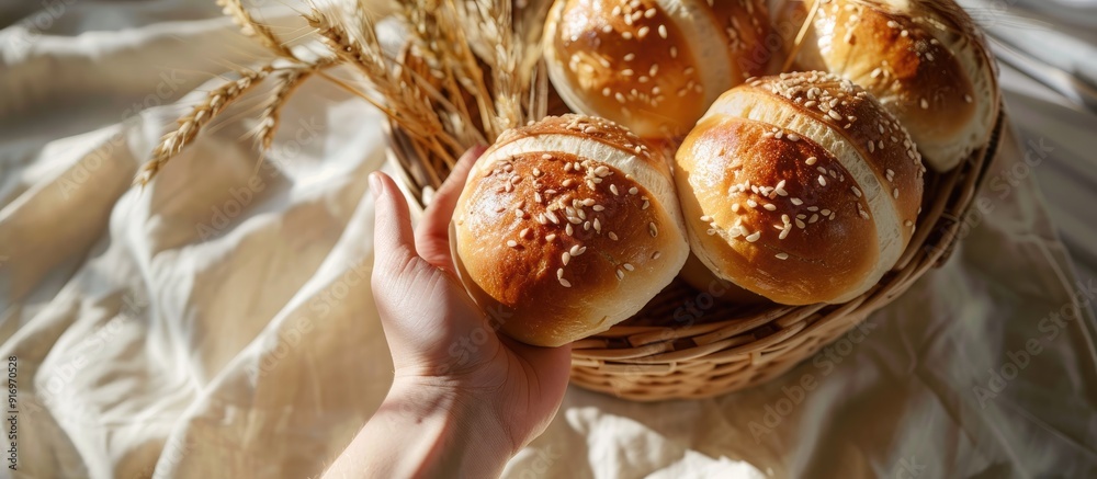 Aufkleber A hand holds wheat ears over a basket of Kaiser or Vienna rolls set on a table with a beige linen cloth casting long shadows in the light a perfect copy space image