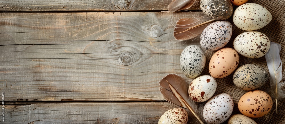 Aufkleber Easter eggs decorated with speckled feathers set against a rustic wooden backdrop create a charming copy space image