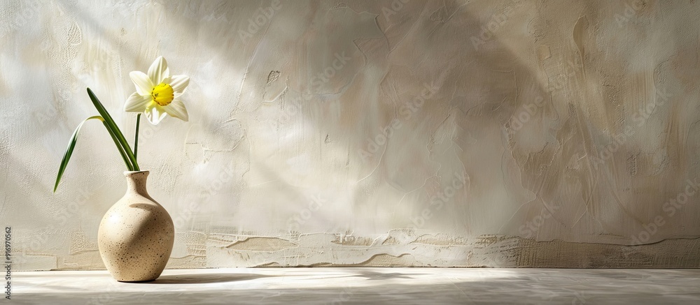 Aufkleber a single daffodil in a vase set against a blank wall perfect copy space image