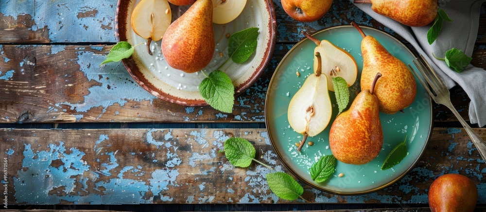Poster flat lay summer breakfast featuring dishes made from pears displayed on a wooden table with a copy s