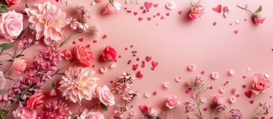 Obraz premium A floral arrangement featuring pink flowers and hearts on a pink backdrop designed for a flat lay view with an open area for copy space image