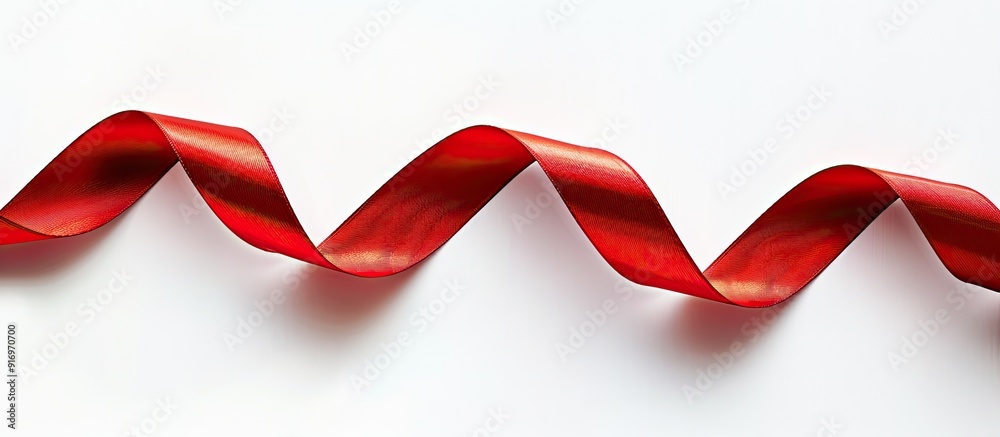 Poster Red ribbon with a glossy finish casting a gentle shadow on a white backdrop provides an appealing copy space image