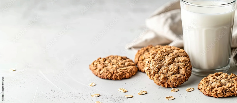 Poster oatmeal cookies paired with a glass of milk displayed on a white backdrop with copy space image