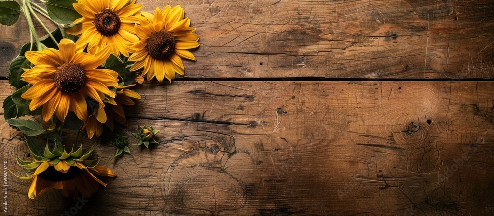 Poster old wooden table with sunflower bouquet perfect for text on background copy space image