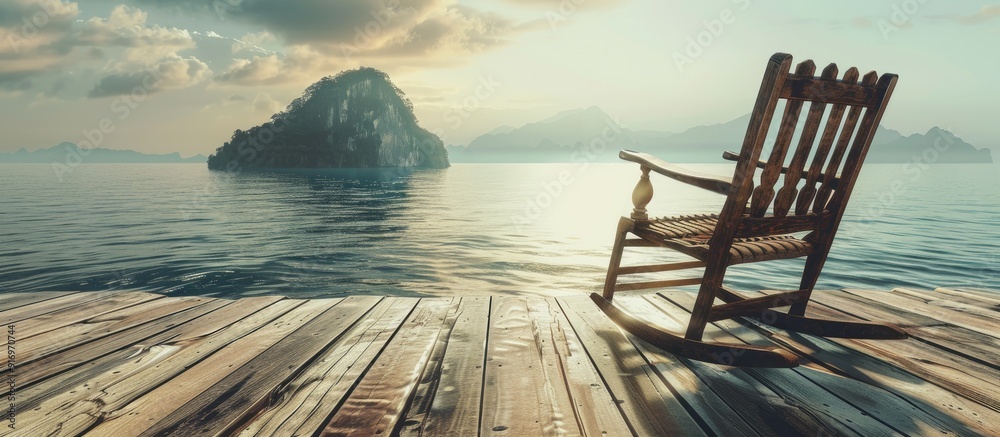 Poster low angle shot of an aged wooden rocking chair on a wood floor with a seascape a small mountain and 