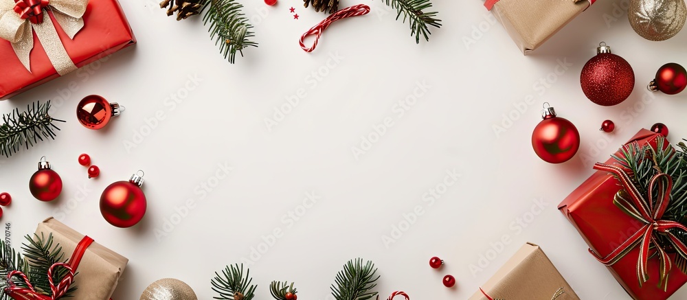 Poster Festive holiday arrangement featuring gifts and red ornaments on a white backdrop conveying a Christmas winter and New Year theme in a flat lay style showcasing a top view and copy space image