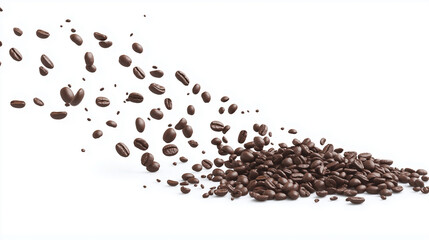 Falling coffee beans isolated on white background