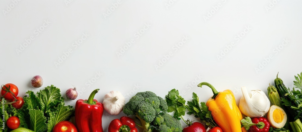Poster Top view of a variety of fresh vegetables on a white background with spacious copy space image