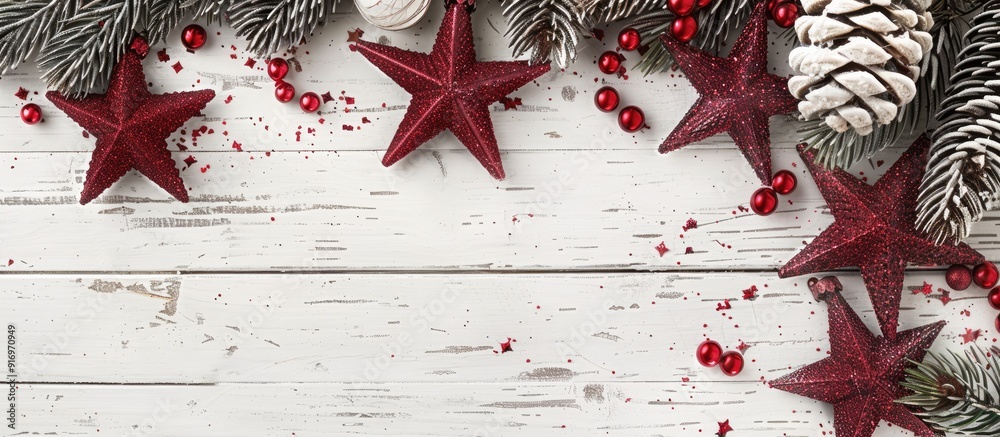 Fototapete a festive christmas scene featuring red rattan stars cones and a white wooden backdrop ideal for a g