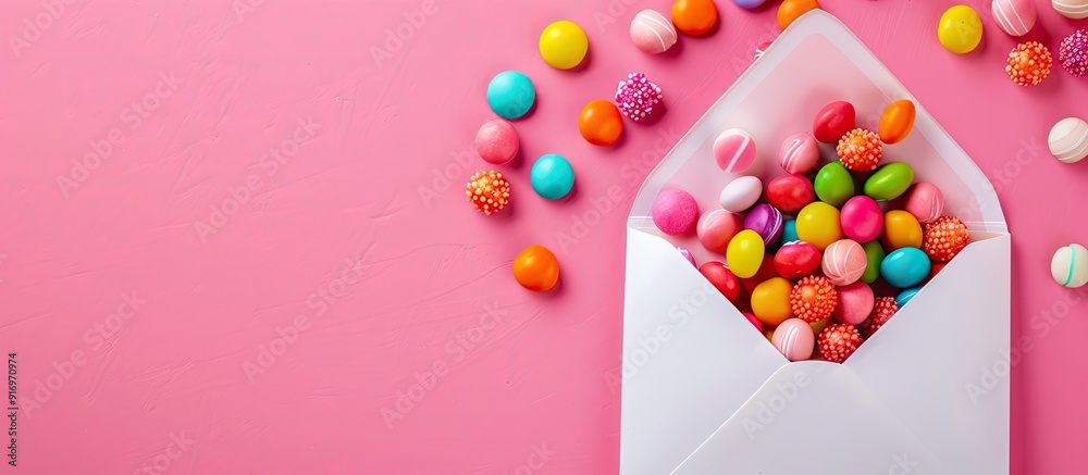 Poster Copy space image of an envelope covered with colorful candies displayed on a pink backdrop