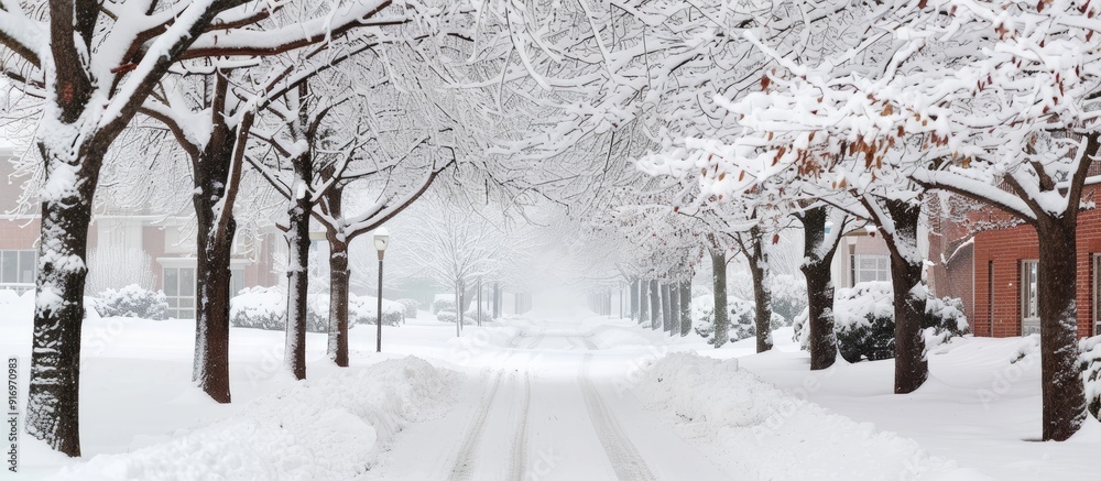 Fototapete snow blankets the alley with trees covered in a layer of snow featuring abundant copy space image
