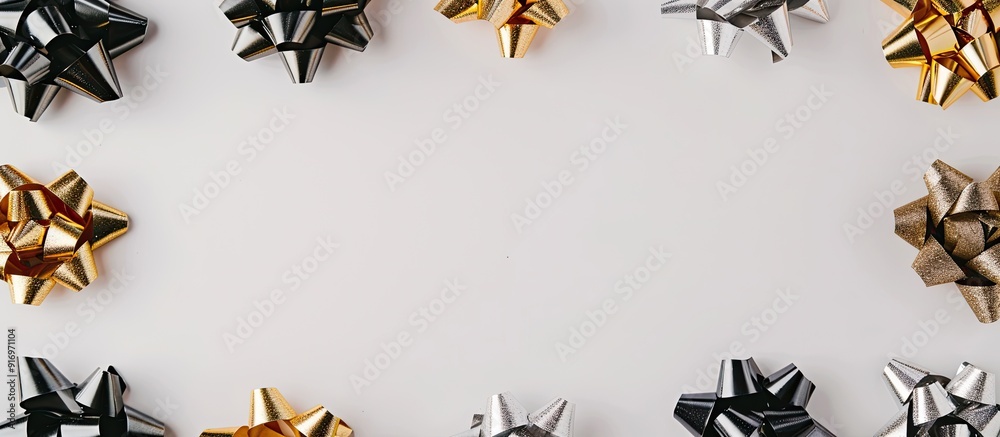Poster various silver gold and black festive bows encircle a white backdrop creating a stylish border for a