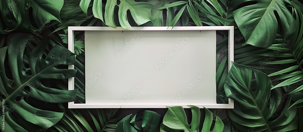 Aufkleber minimal flat lay design featuring tropical leaves surrounding a blank white paper frame conveying an