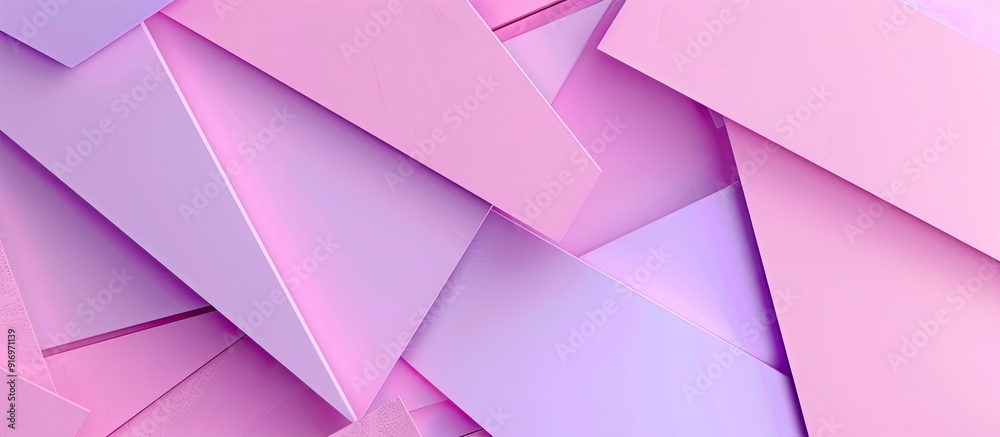 Poster top view of geometric shapes in pastel pink and purple colors forming an abstract paper composition 