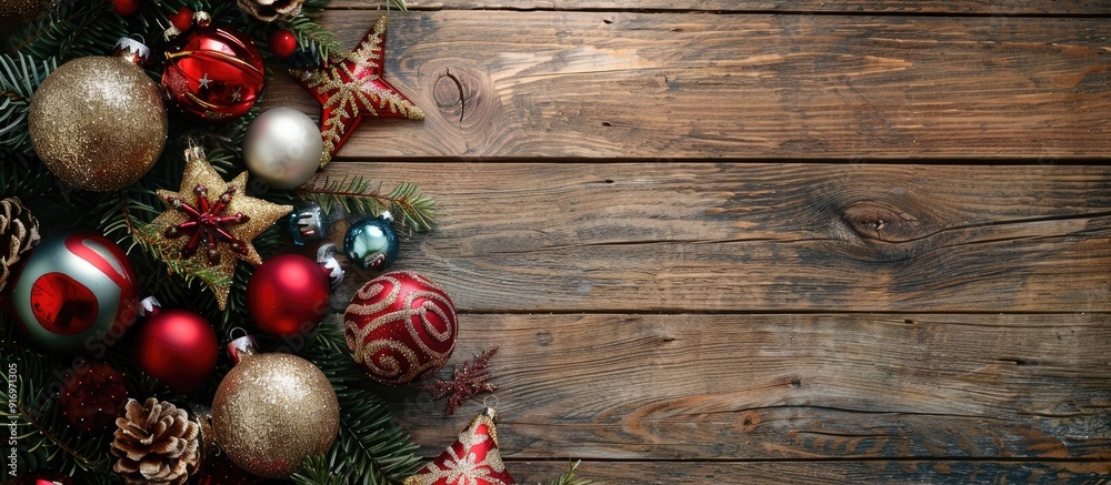 Poster various christmas ornaments displayed on a wooden surface with copy space image