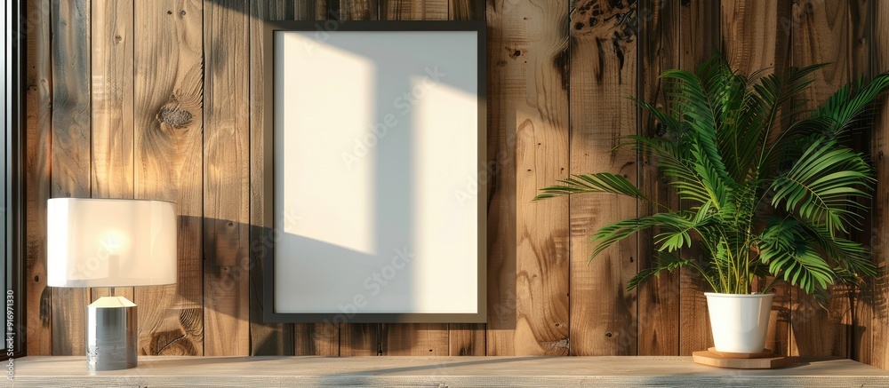Aufkleber Interior design featuring a frame displayed on a wooden wall with a blank space for an image. Creative banner. Copyspace image