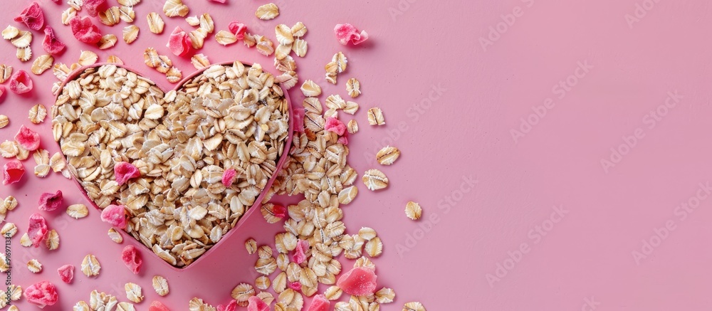 Aufkleber background of pink with heart created from uncooked oats providing copy space image