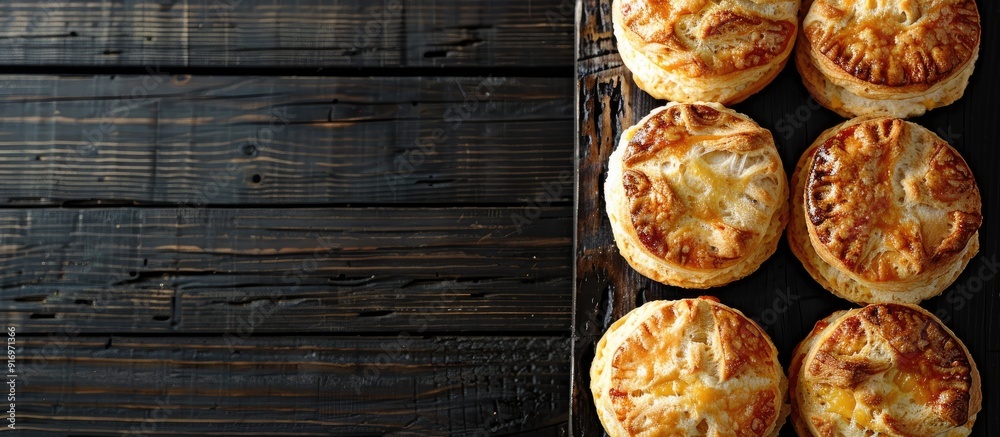 Poster a line up of cheese scones placed neatly on a vintage black wooden table with a vast copy space imag
