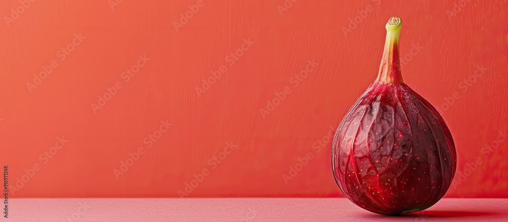 Poster A vibrant red fig set against a clear background with space for copy on the image
