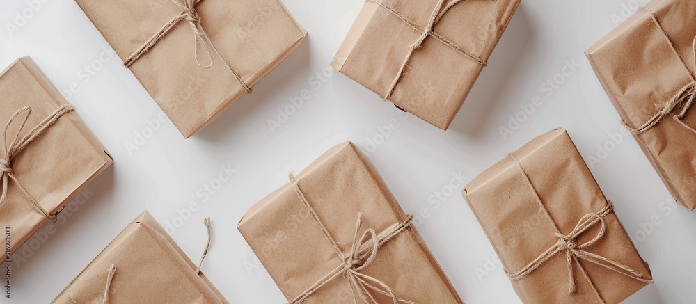 Aufkleber Top view mock up of wrapped boxes and a pad on a white background representing a parcel delivery concept with copy space image