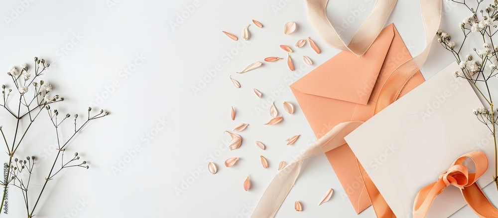 Aufkleber an overhead view of wedding invitation cards with peach envelopes ribbons and pussy willow on a whit