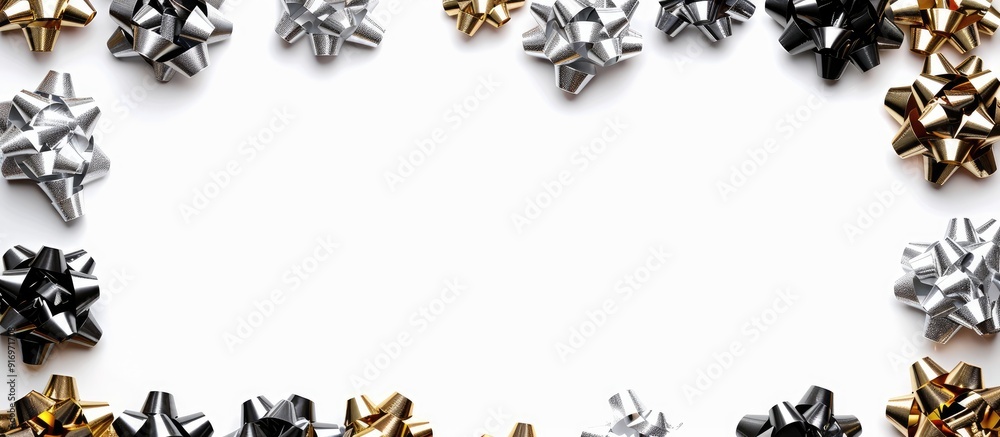Poster various silver gold and black festive bows encircle a white backdrop creating a stylish border for a