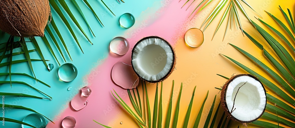 Aufkleber Water droplets enhance the visual appeal of coconut and palm leaves against a colorful backdrop creating an enticing copy space image