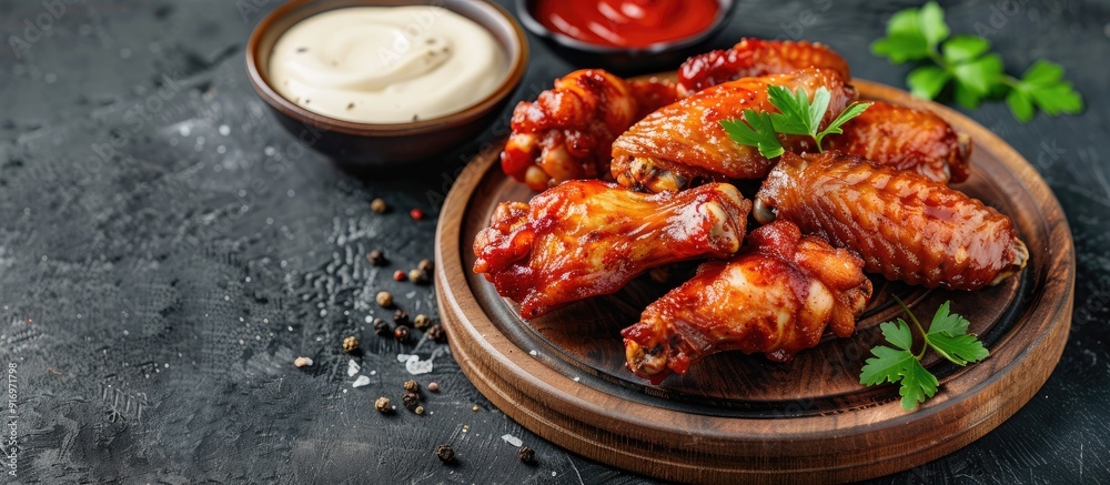 Poster hot fried chicken wings served as a snack on a wooden plate with ketchup and mayonnaise in a fast fo