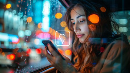 Beautiful business woman using smartphone in car at night with city lights in background
