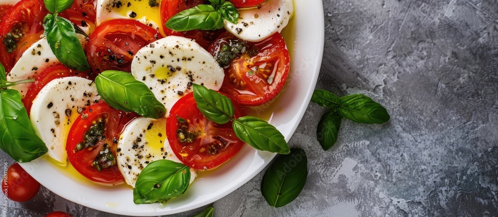Aufkleber fresh italian caprese salad featuring tomatoes mozzarella basil and drizzled olive oil over a simple