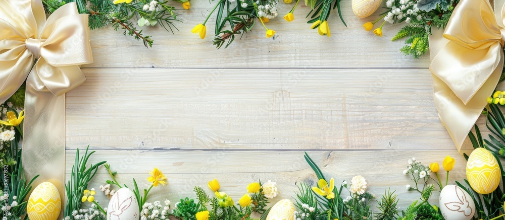 Poster easter themed decor featuring bunnies eggs in yellow and green and green grass on a light background