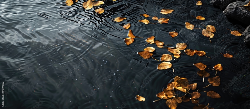Leinwandbilder shadowy paths guide across the gray water surface adorned with golden bodhi leaves in a tranquil set