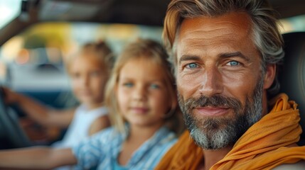 Obraz premium Close shot of father driving car with children on summer road trip