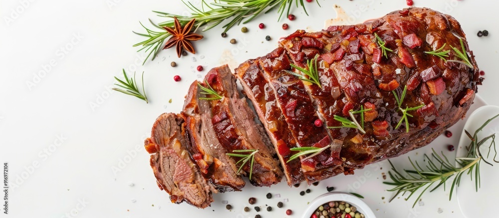 Poster Sliced roast beef meatloaf with bacon and spices on a white background in a top view Ideal for a copy space image