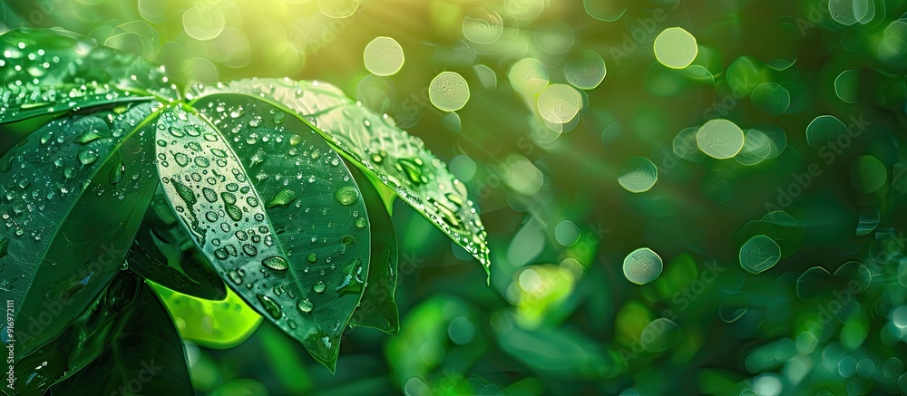 Leinwandbilder lush green leaf with rain droplets creating a natural backdrop with copy space image suitable for ba