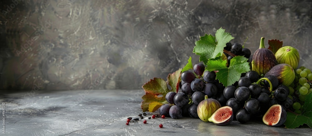 Aufkleber fresh autumn fruits such as black and green grapes figs and leaves displayed on a grey table with a 