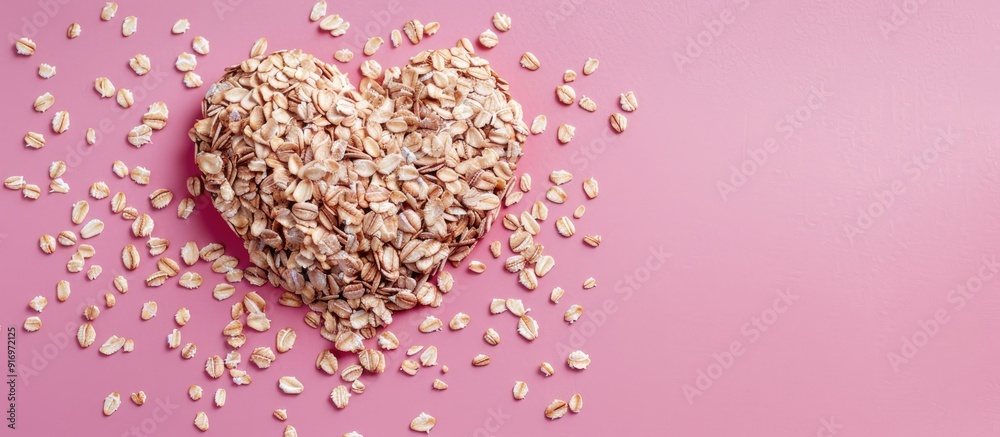 Poster background of pink with heart created from uncooked oats providing copy space image