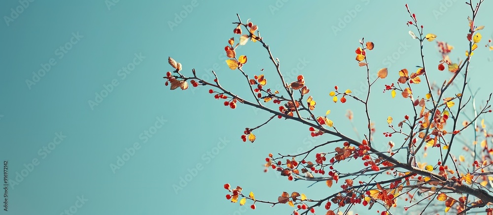 Poster Sunny day shows colorful branches of hazel tree against blue sky creating an image with copy space